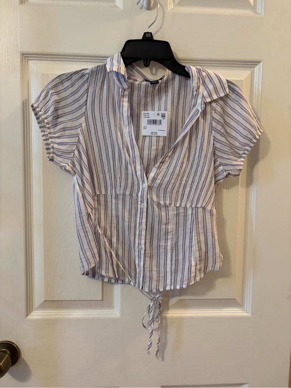 American Eagle Outfitters White Striped Tie-Front Short Sleeve Blouse